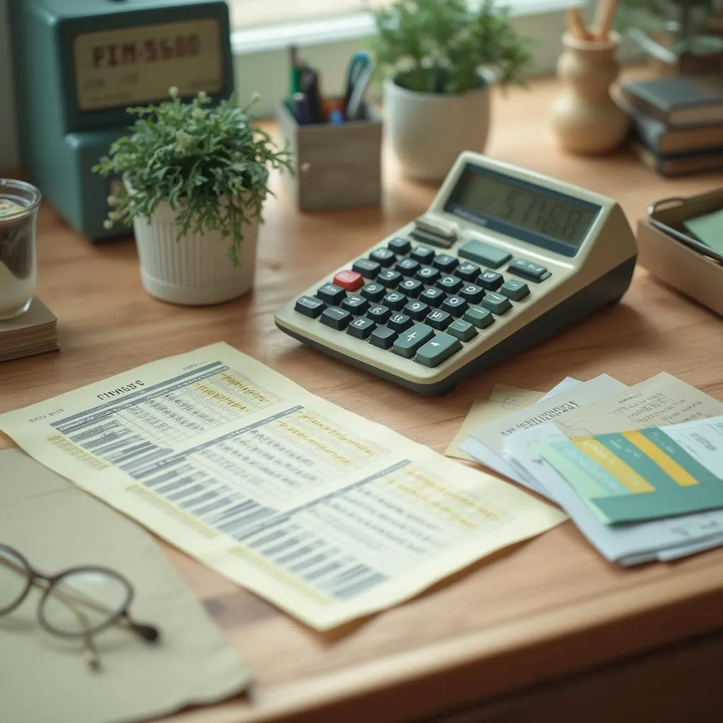 Detalle de espacio de trabajo con elementos financieros retro