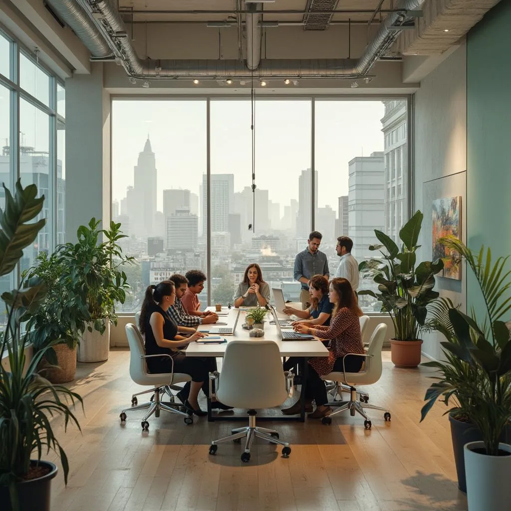 Equipo de FinanzasArg colaborando en oficina moderna con vista a Buenos Aires